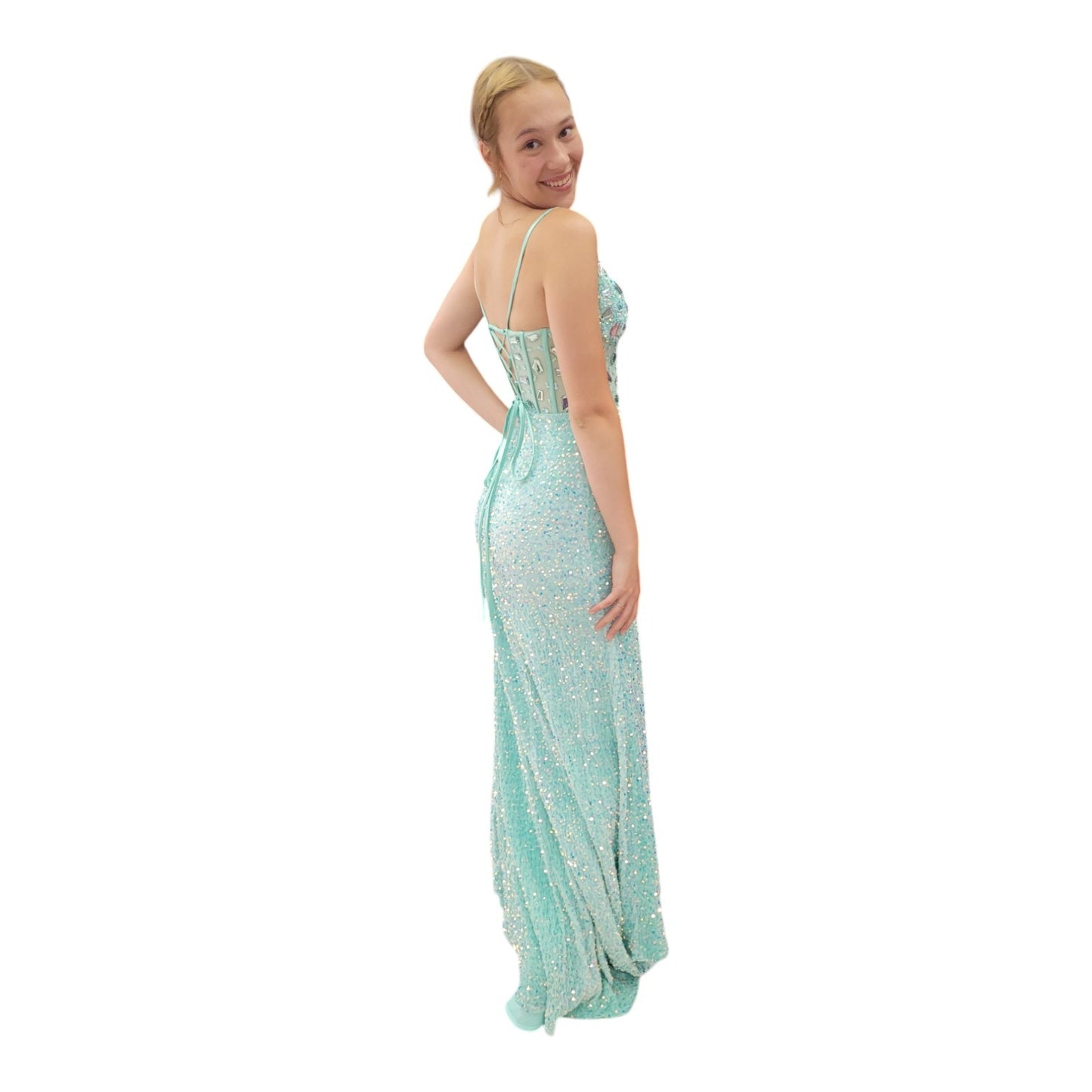 Sequin Evening Gown with Detailed Jeweled Bodice and Corset Back
