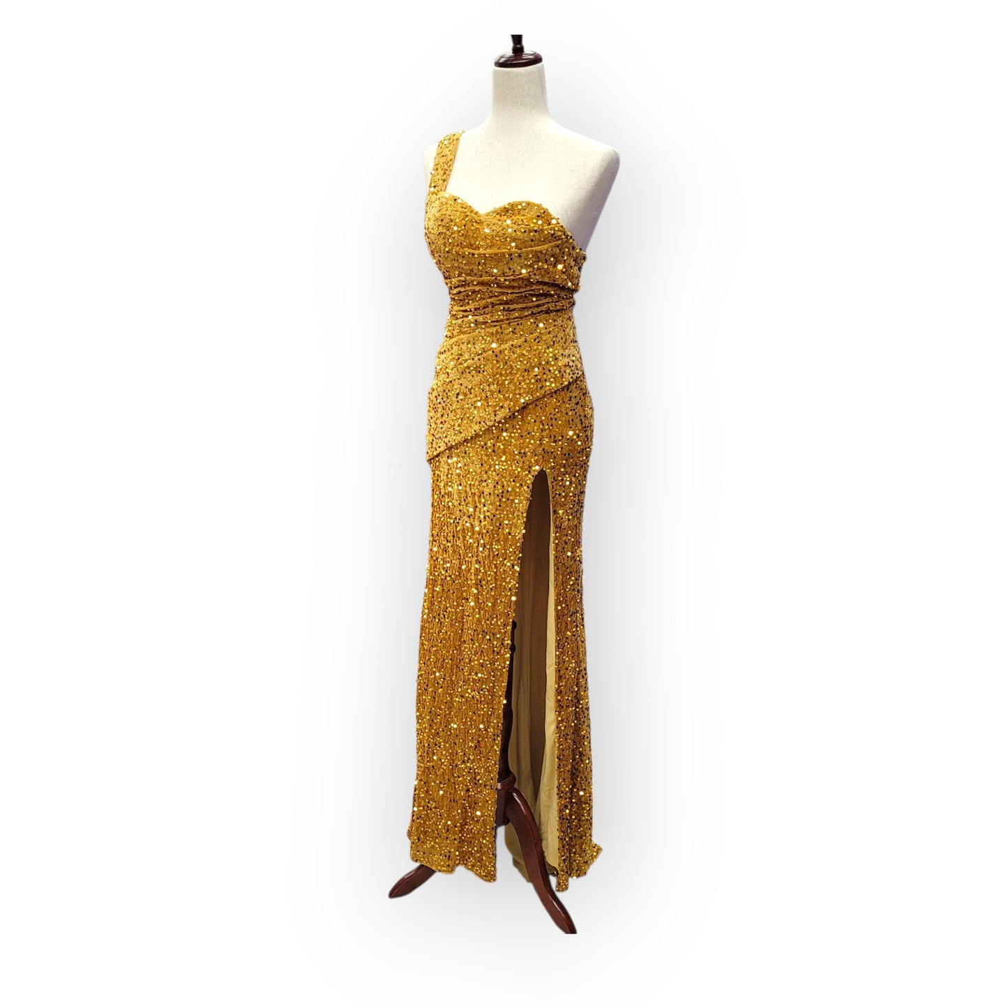 Gold One Shoulder Evening Gown with Gathered Waist and Corset Back