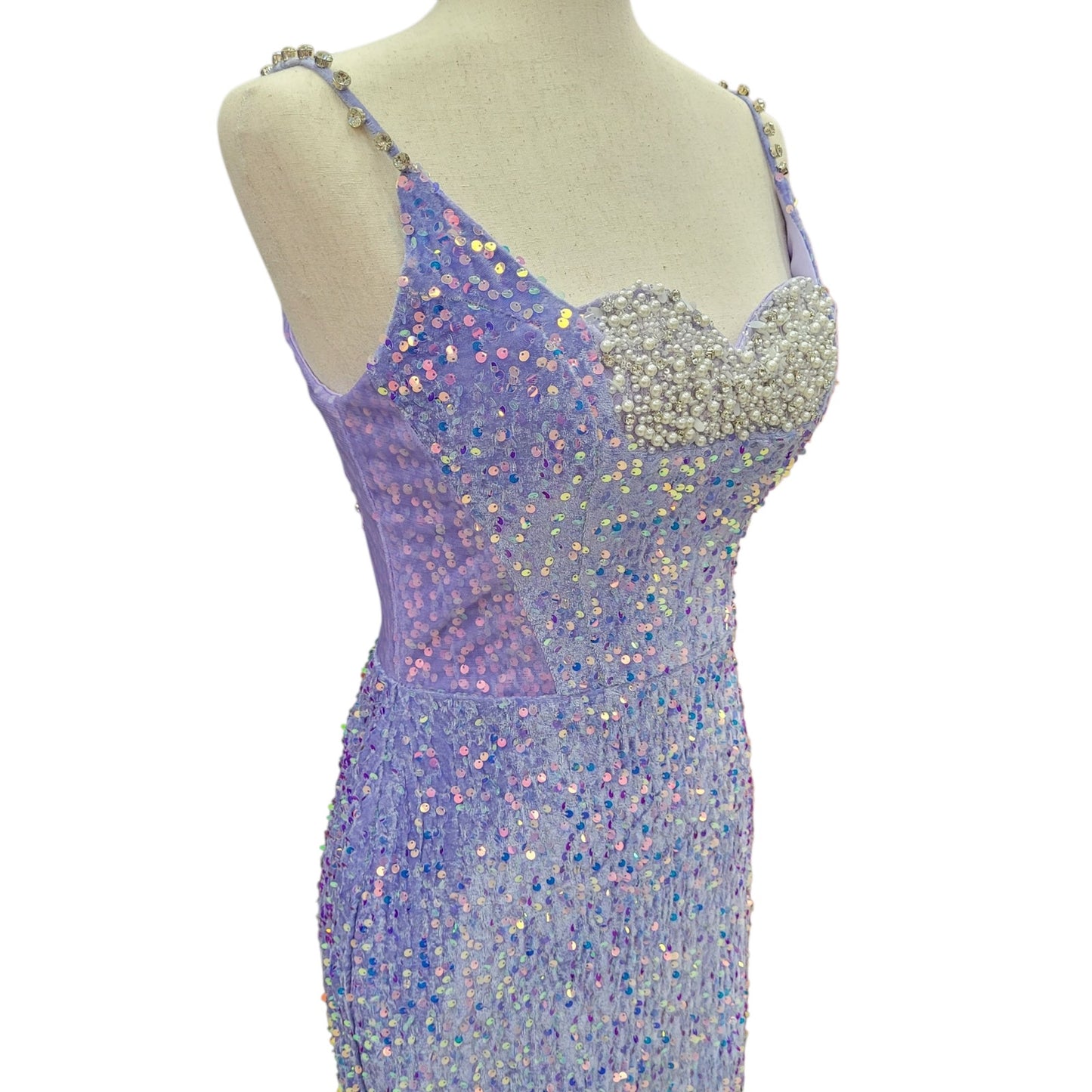 Fitted Iridescent Sequin Gown with Pearl Detail Bust and Tulle Side Train