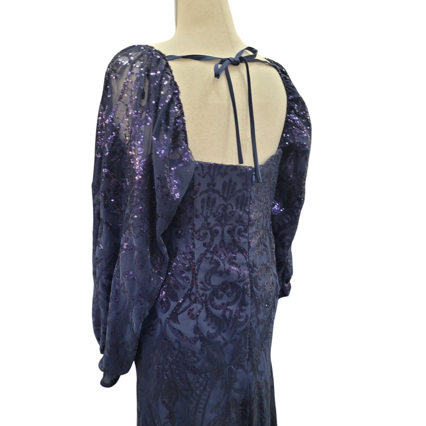 Long Sleeved Patterned Sequin Gown in Navy Blue