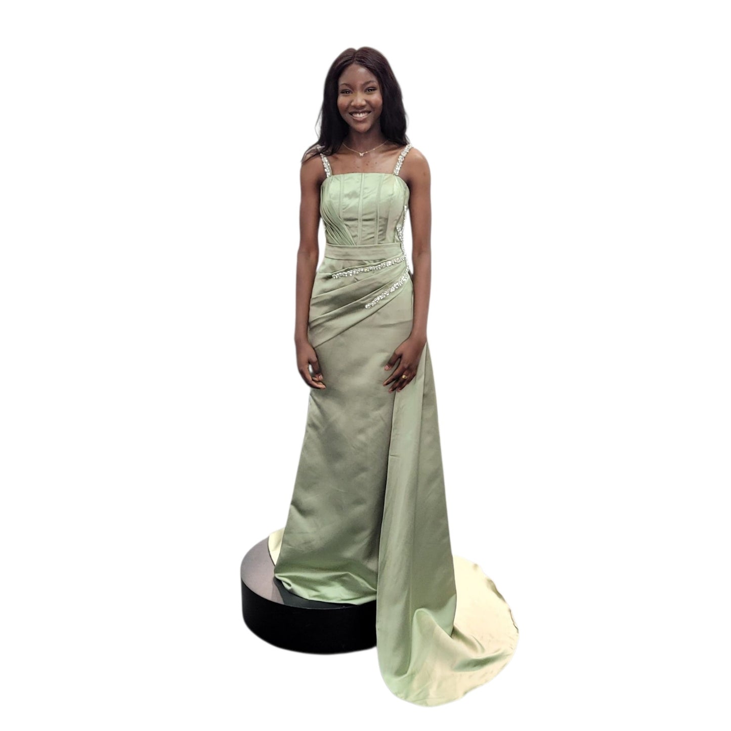 Satin Evening Gown with Full Corset Back and Large Crystal Bodice and Straps
