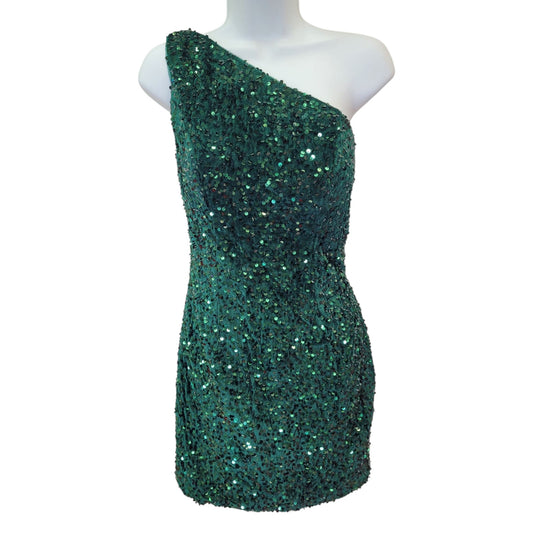 Women's Short One Shoulder Strappy Sequin Dress in Emerald Green