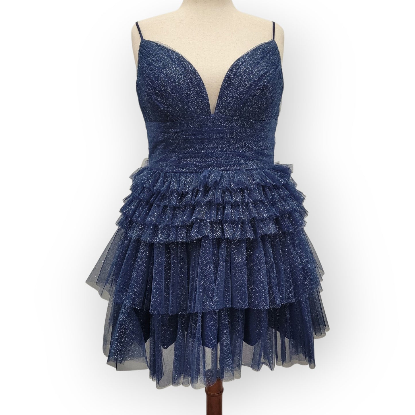 Navy Blue Sparkle Layered Ruffle Cocktail Dress with Corset Back