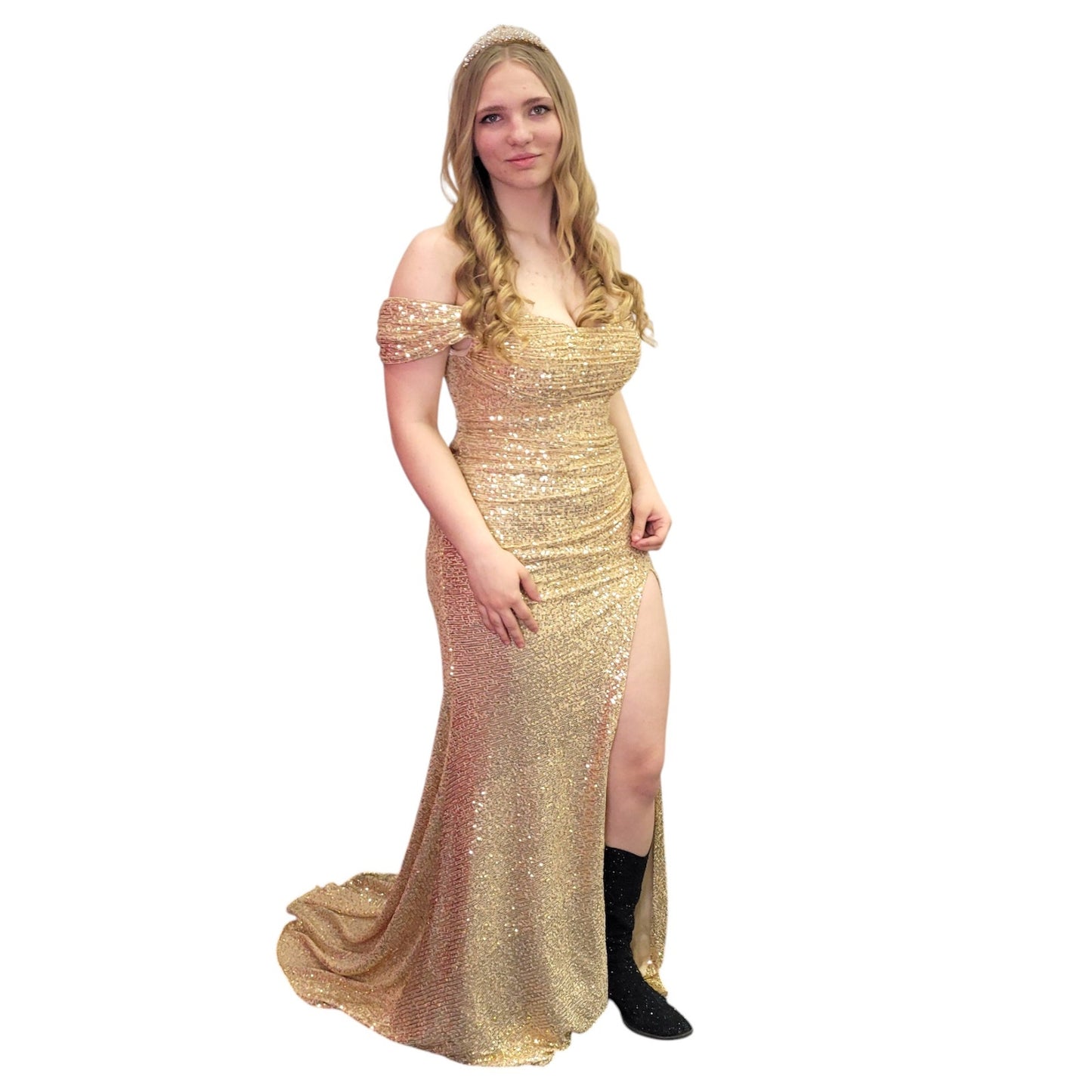 Gold Sequin Evening Gown with Off Shoulder Sleeves and Leg Slit