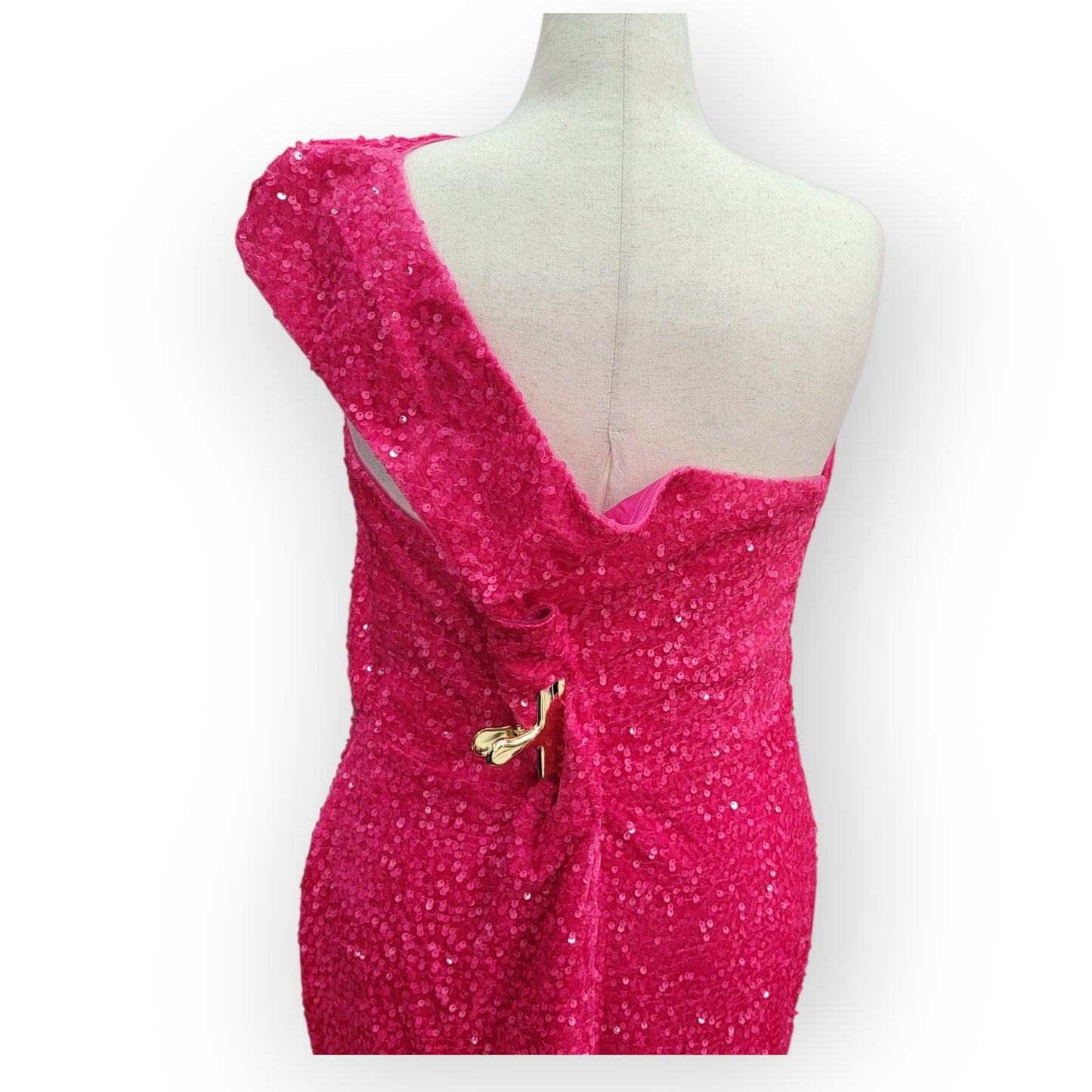 Fitted Hot Pink Sequin Gown with Asymmetric Shoulder Strap