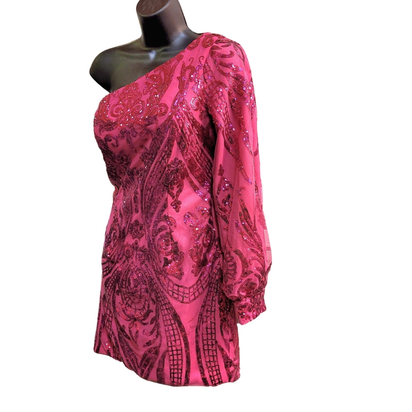 Women's Hot Pink Short Asymmetrical Formal Dress One Sleeve