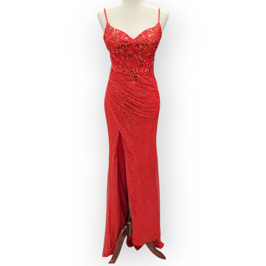 Bright Red Sequin Evening Gown with Detailed Bodice