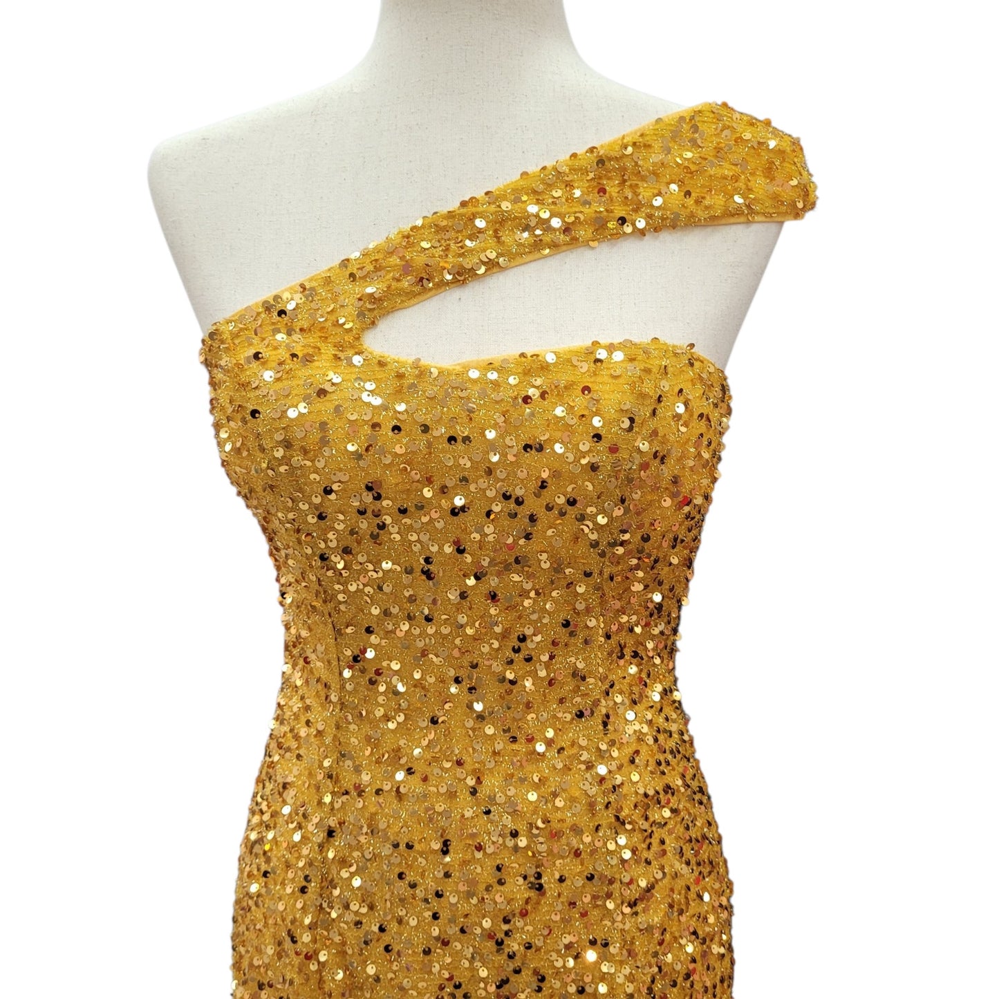 Fitted Gold Sequin Gown with Asymmetric Shoulder Strap