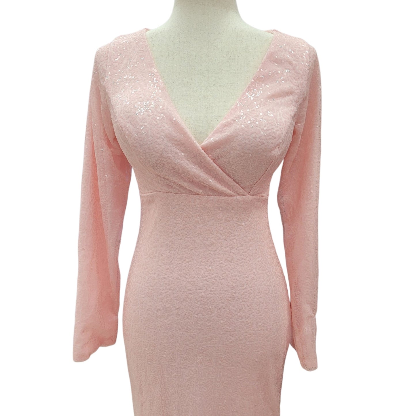 Light Pink Fitted Sequin Gown with Long Sleeves