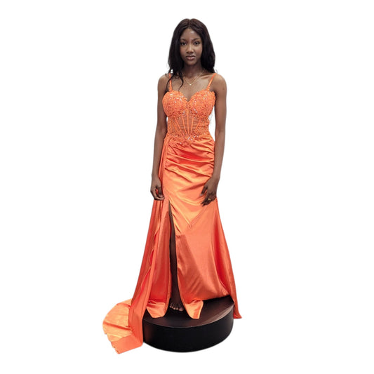 Orange Evening Gown with Detailed Bodice and Silky Satin Skirt