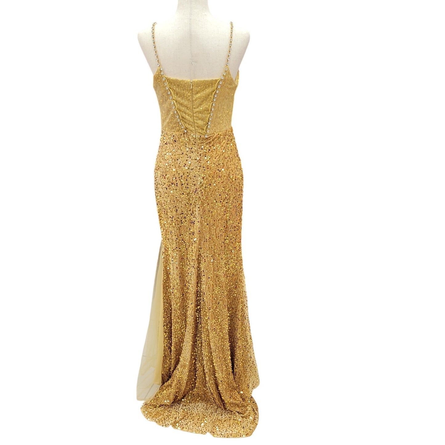 Fitted Gold Sequin Gown with Pearl Detail Bust and Tulle Side Train