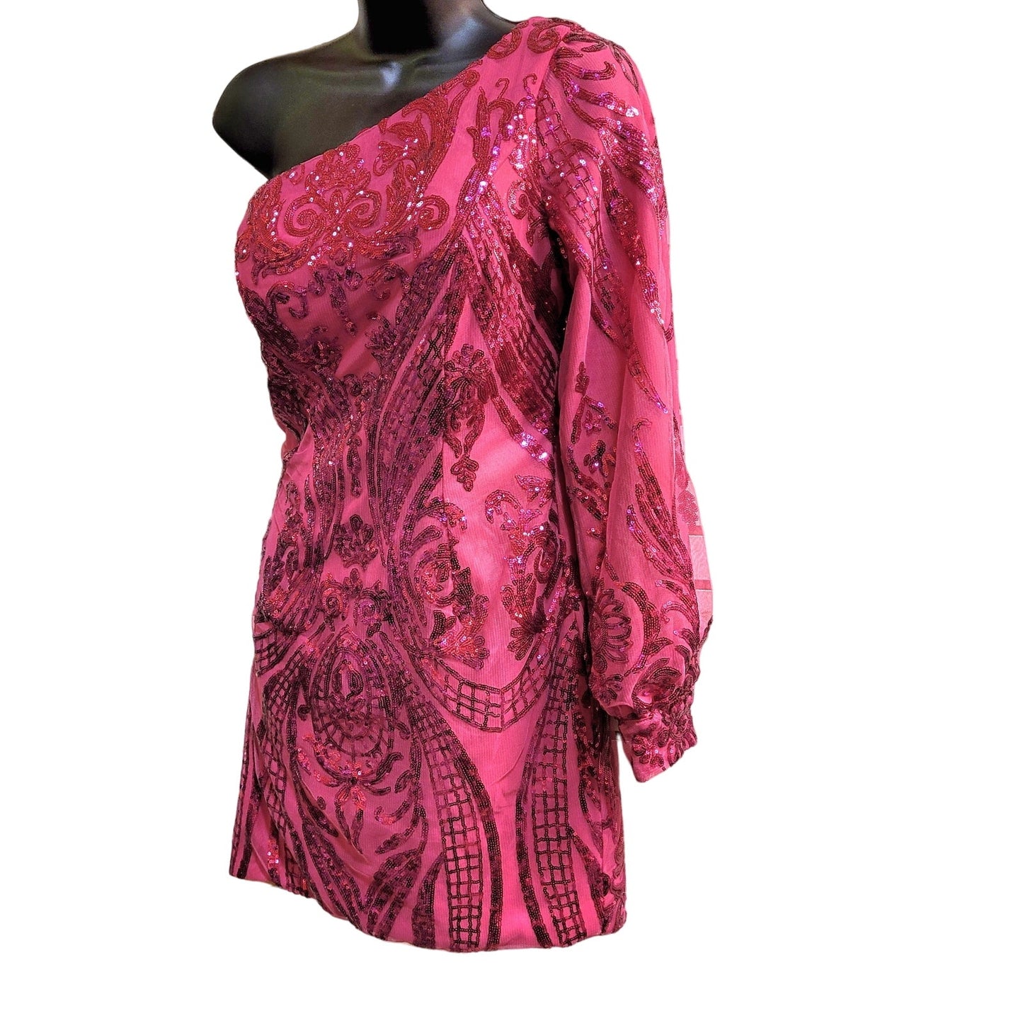Women's Hot Pink Short Asymmetrical Formal Dress One Sleeve