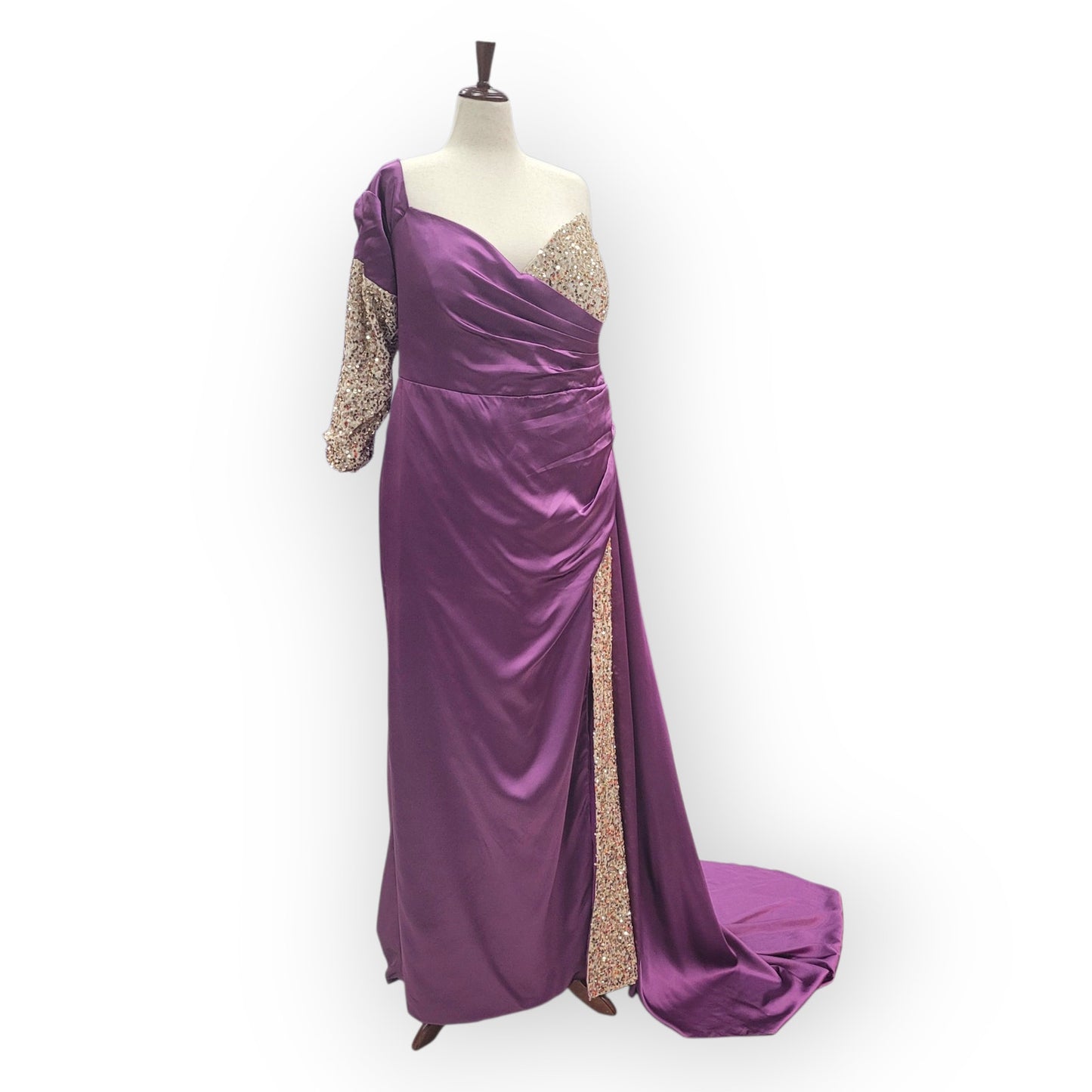 Asymmetric Purple Gown with Gold Sequins and Side Train