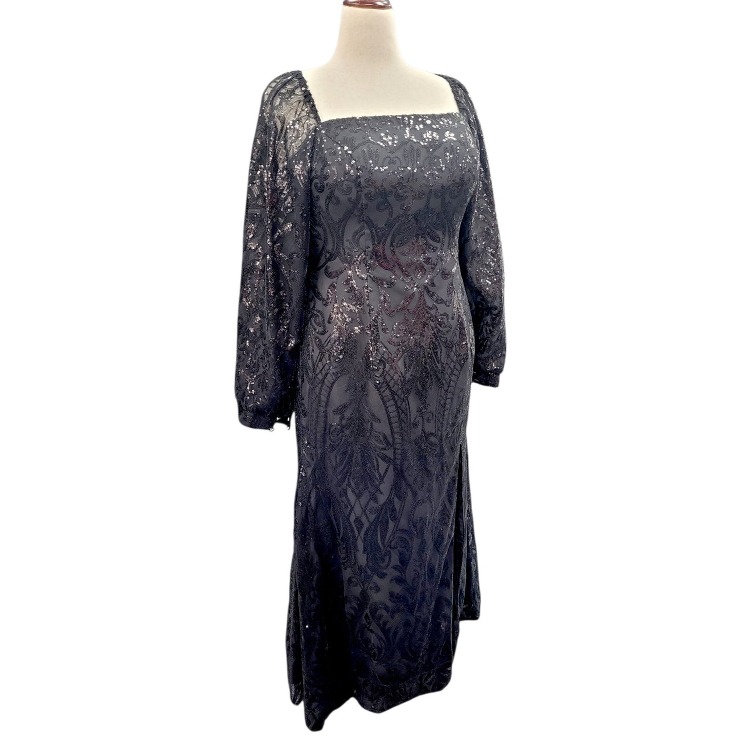 Long Sleeved Patterned Sequin Gown in Black