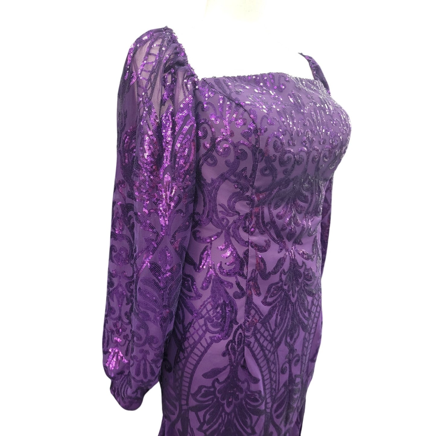 Long Sleeved Patterned Sequin Gown in Purple