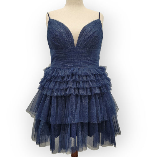 Navy Blue Sparkle Layered Ruffle Cocktail Dress with Corset Back