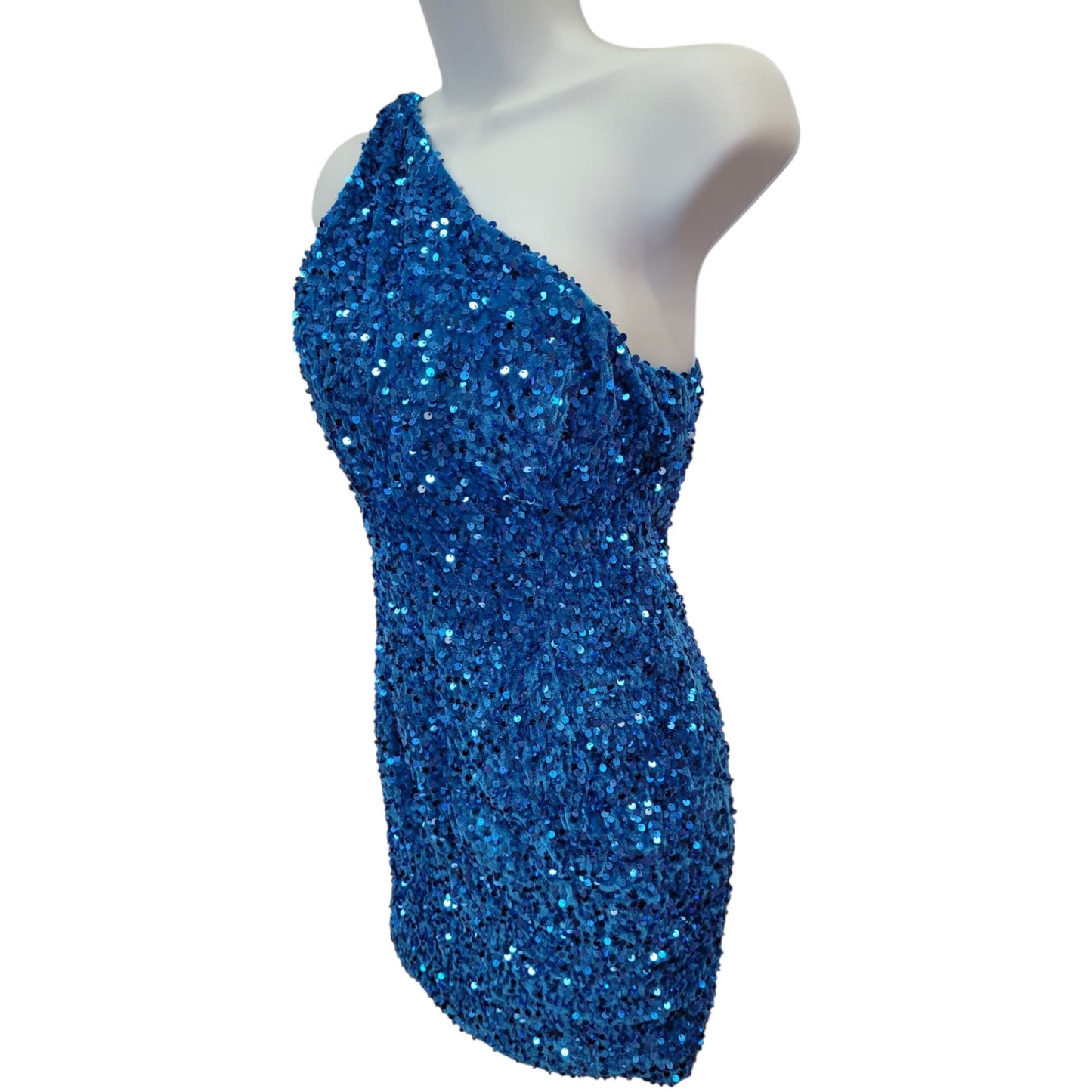 Women's Short One Shoulder Strappy Sequin Dress in Sky Blue