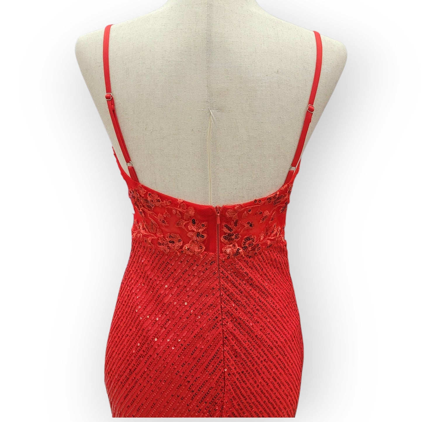 Bright Red Sequin Evening Gown with Detailed Bodice