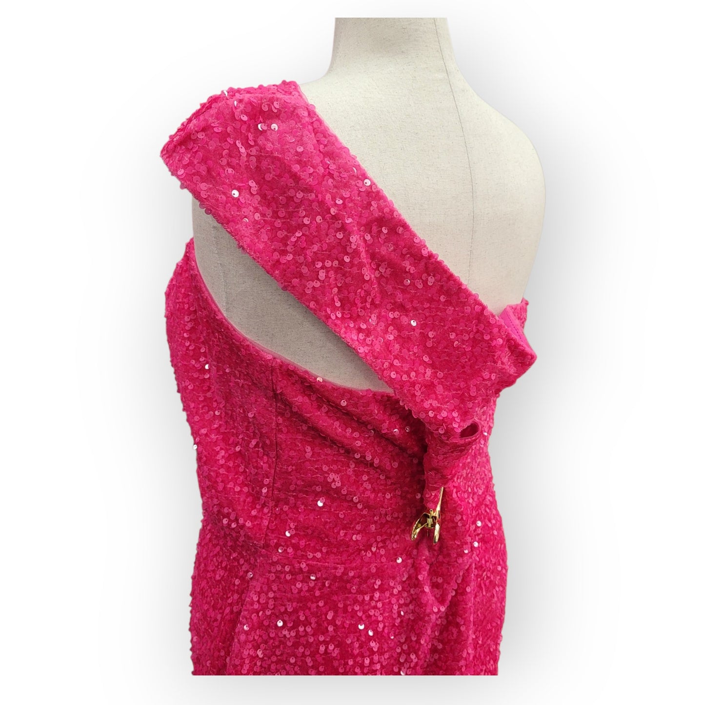 Fitted Hot Pink Sequin Gown with Asymmetric Shoulder Strap