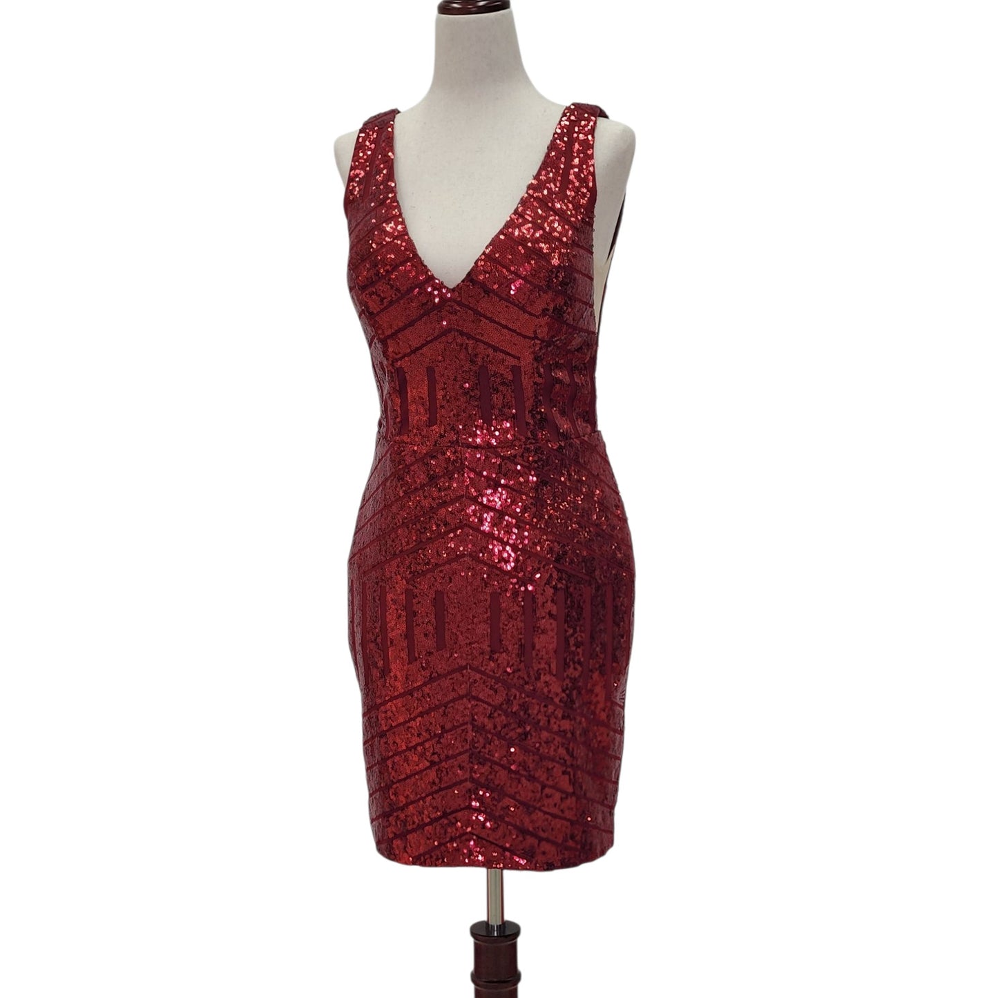 Women's Short Burgundy Sequin Dress with V Neck