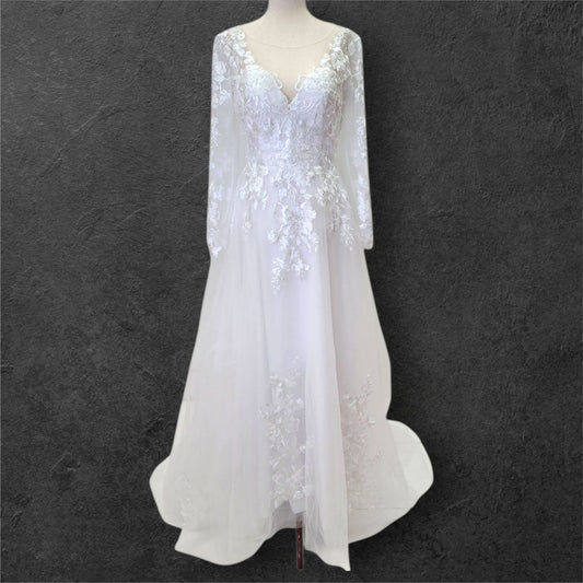 A Line Wedding Gown with Fitted Mesh Long Sleeves and Train with Floral Appliques