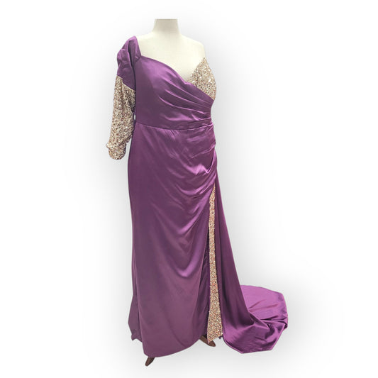 Asymmetric Purple Gown with Gold Sequins and Side Train