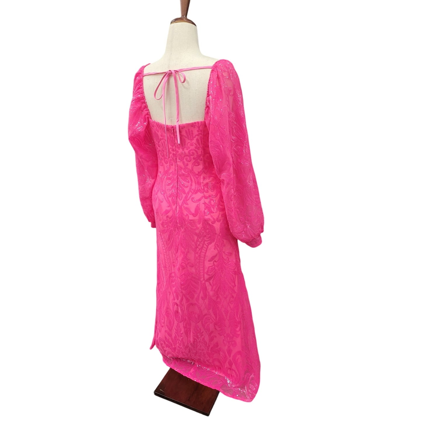 Long Sleeved Patterned Sequin Gown Size 16 Hot Pink