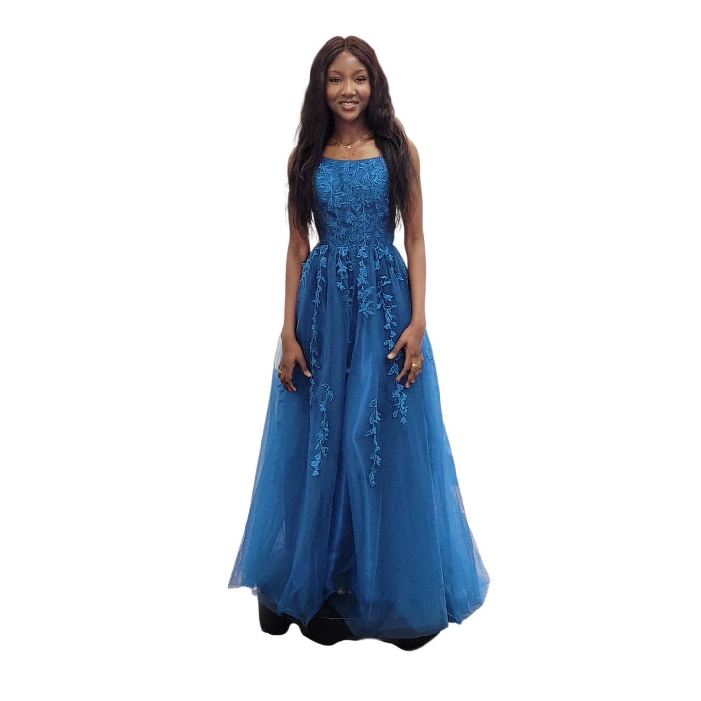 Teal Vine Dress with High Neckline and Strappy Corset Back with Pockets