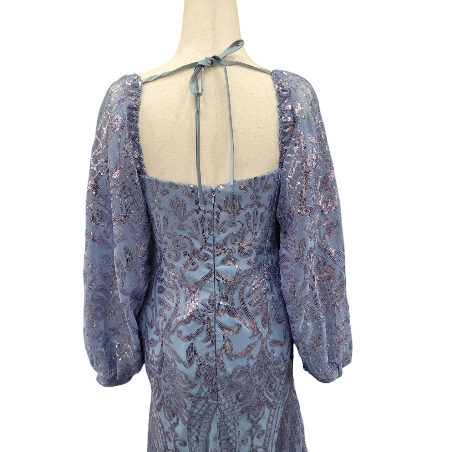 Long Sleeved Patterned Sequin Gown in Blue
