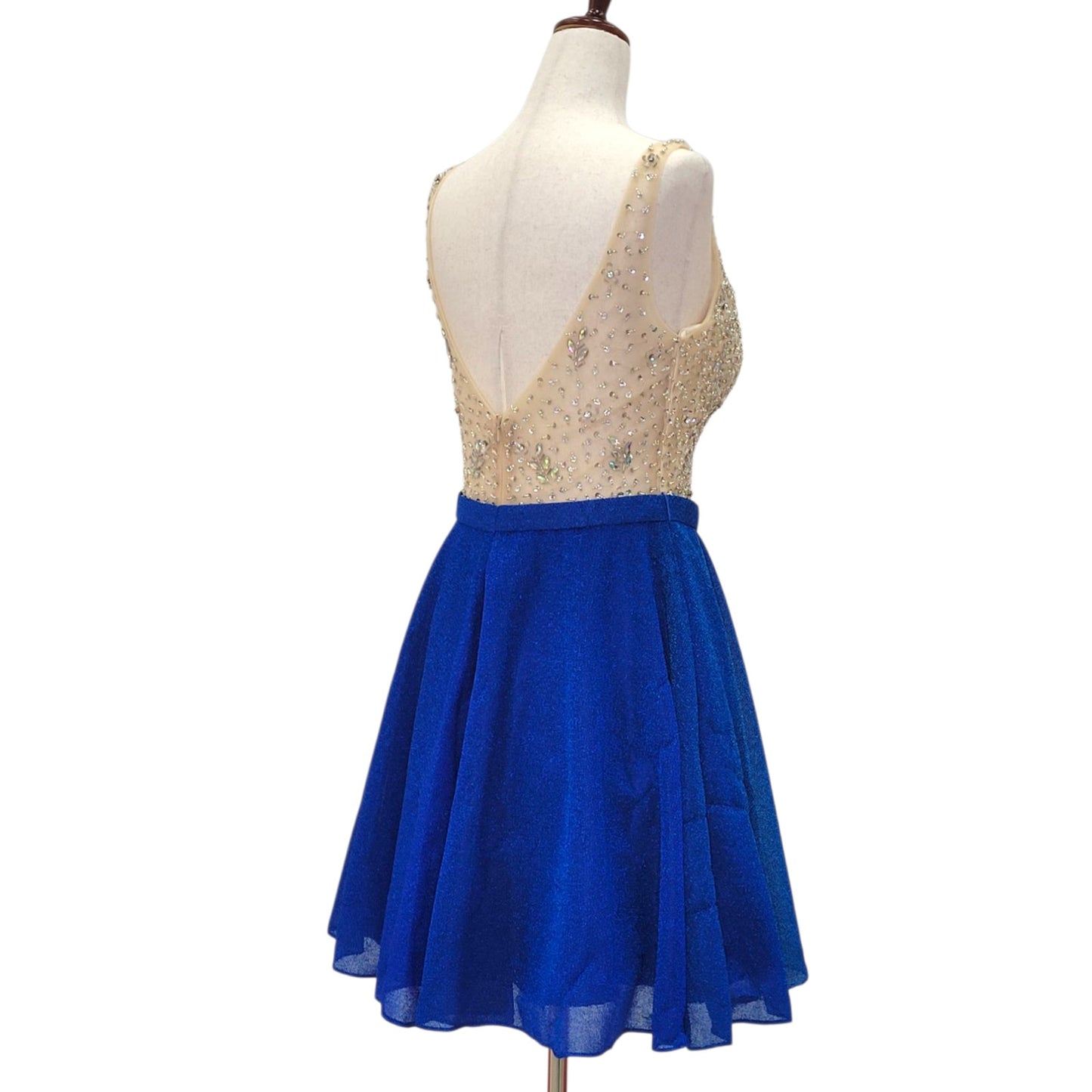 Blue and Gold Short Dress with Beautiful Detailed Gem Bodice