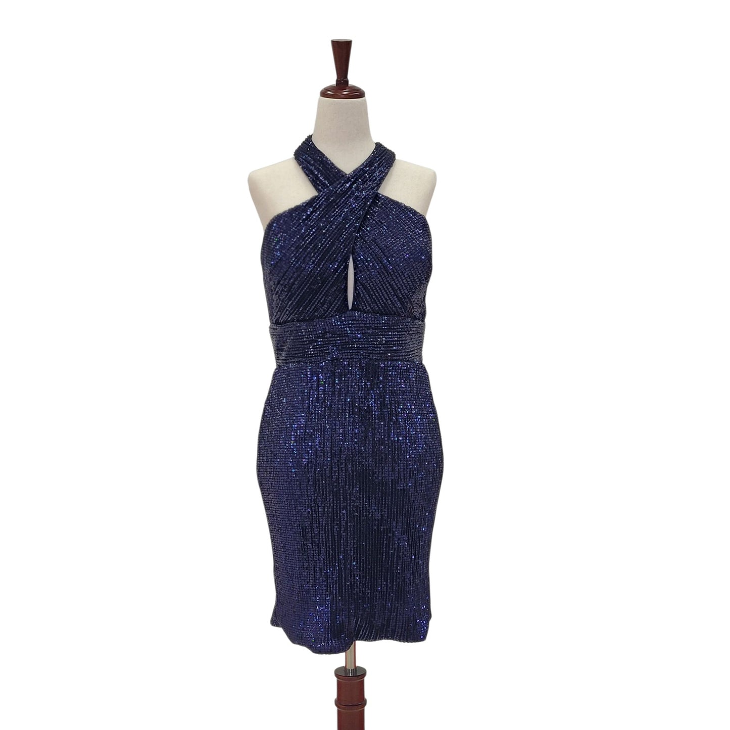 Navy Blue Cross Halter Sequin Cocktail Dress with Peekaboo Cutout