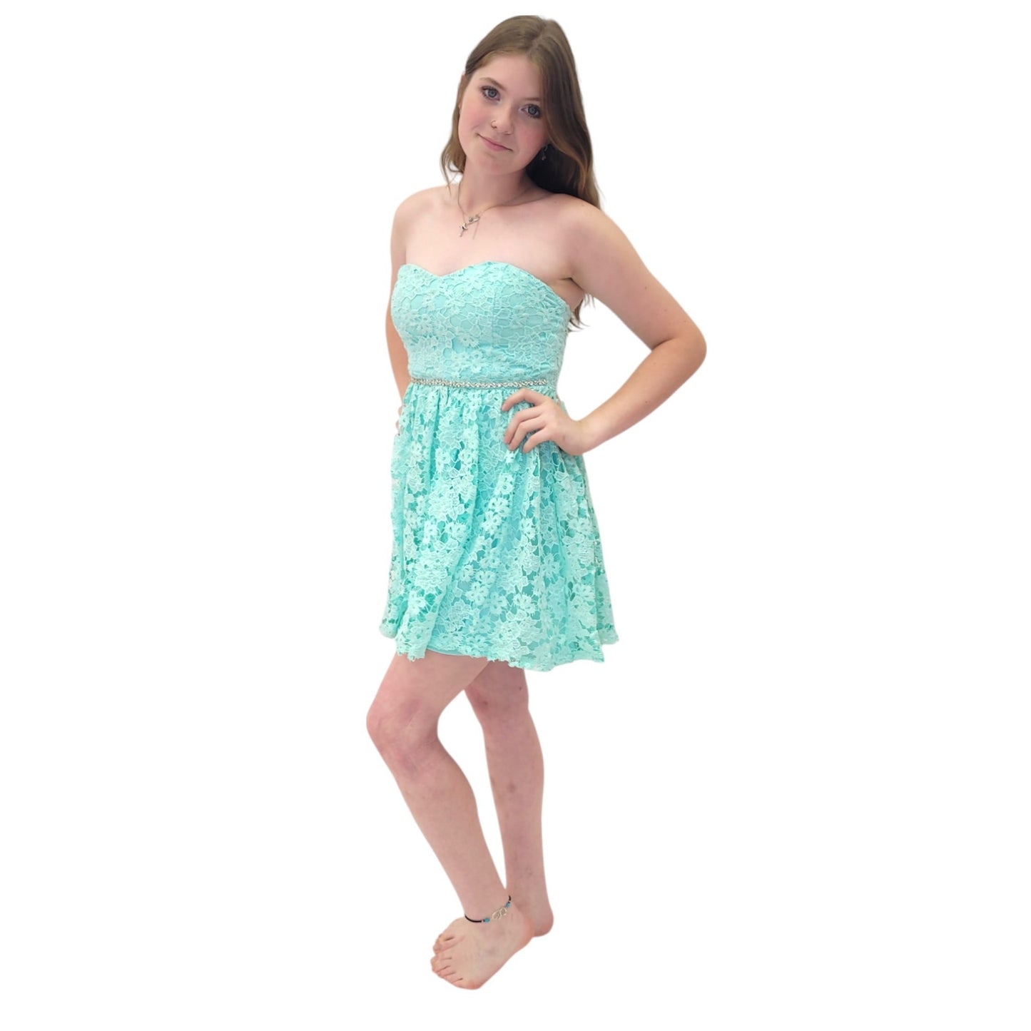 Strapless Turquoise Lace Cocktail Short Dress