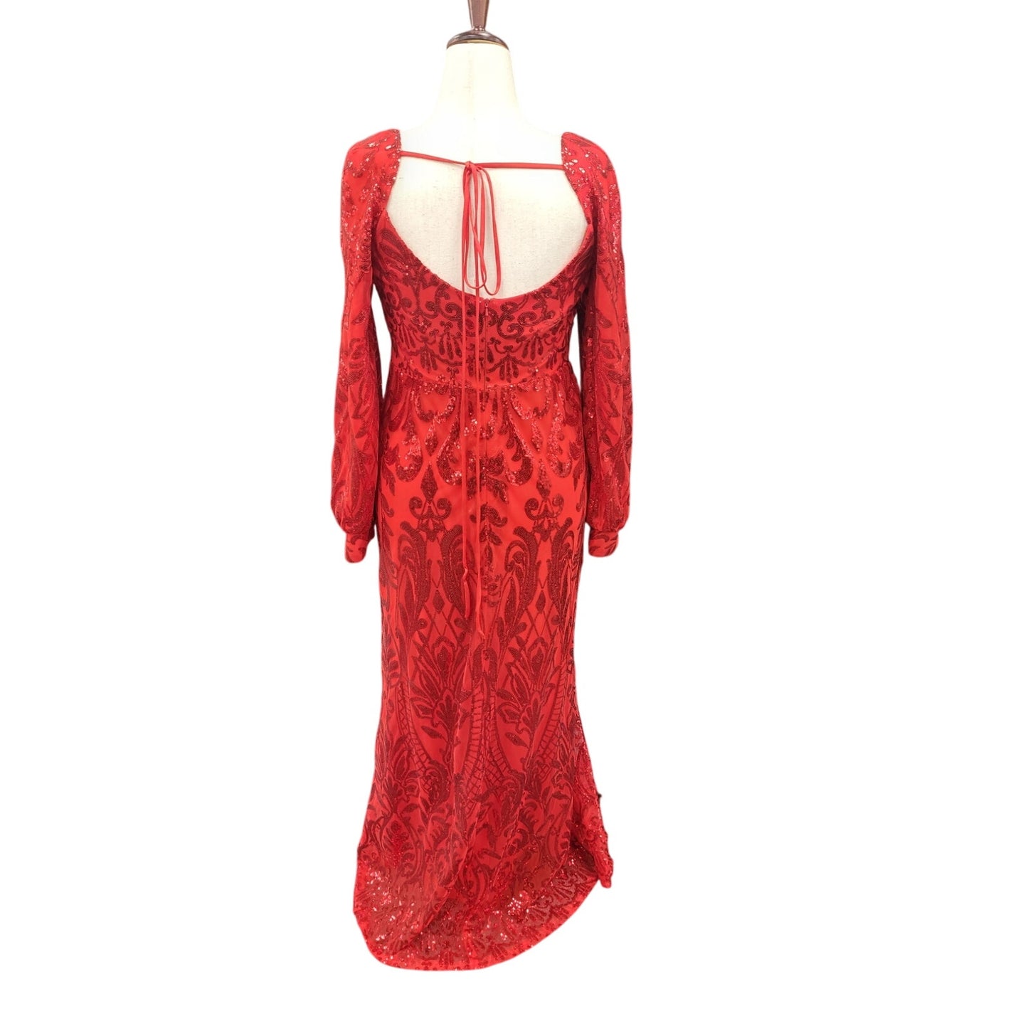 Long Sleeved Patterned Sequin Gown Bright Red Size 12