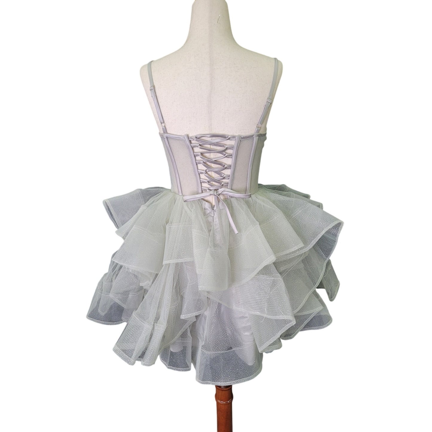 Short Cocktail Dress Tulle Skirt Semi-Sheer Bodice Corset Back