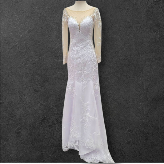 Fitted V Neck Wedding Dress with Long Mesh Sleeves with Lace