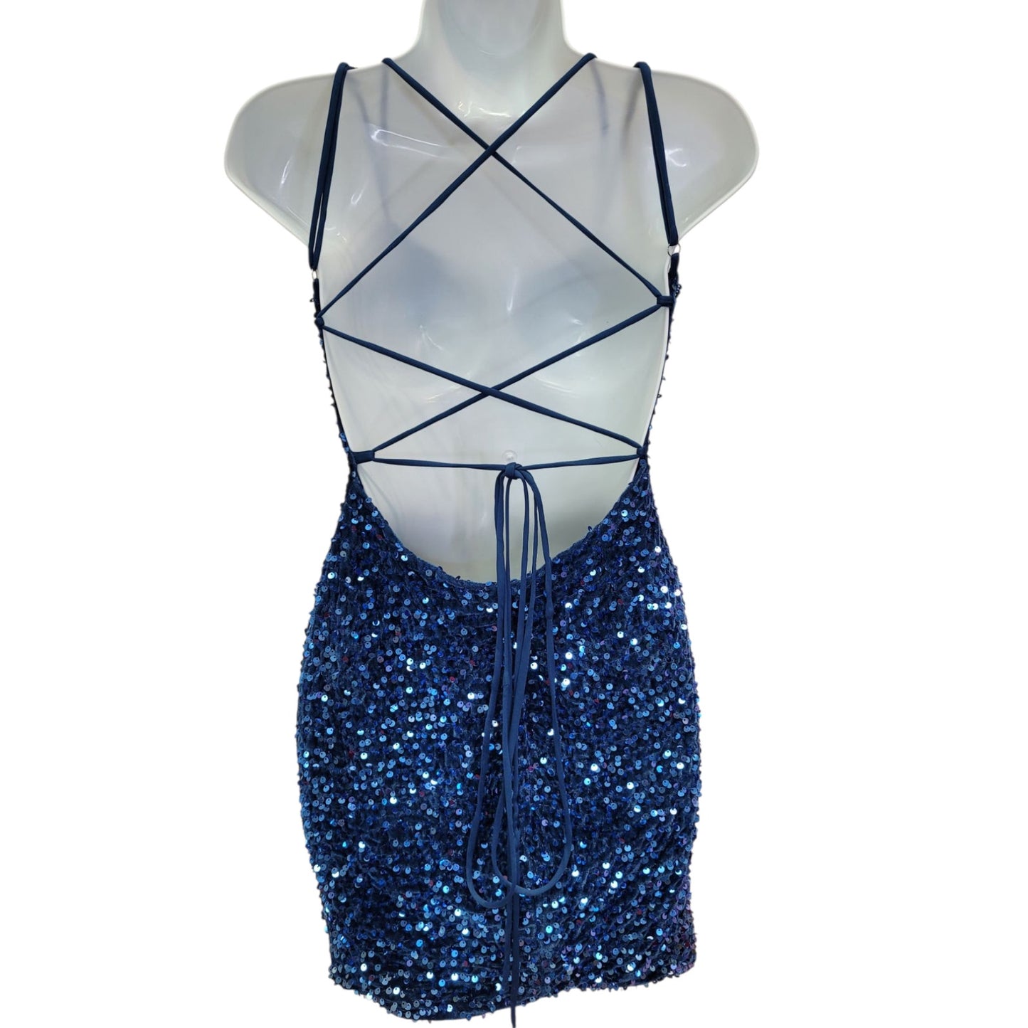 Women's Short Teal Sequin Dress with Strappy Corset Back