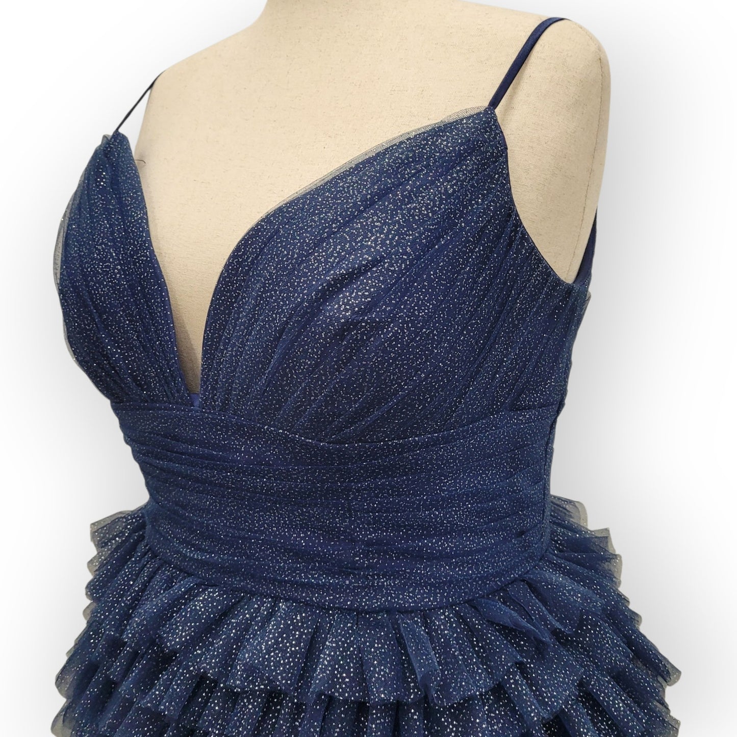 Navy Blue Sparkle Layered Ruffle Cocktail Dress with Corset Back