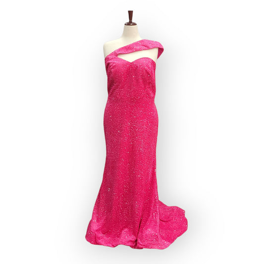 Fitted Hot Pink Sequin Gown with Asymmetric Shoulder Strap