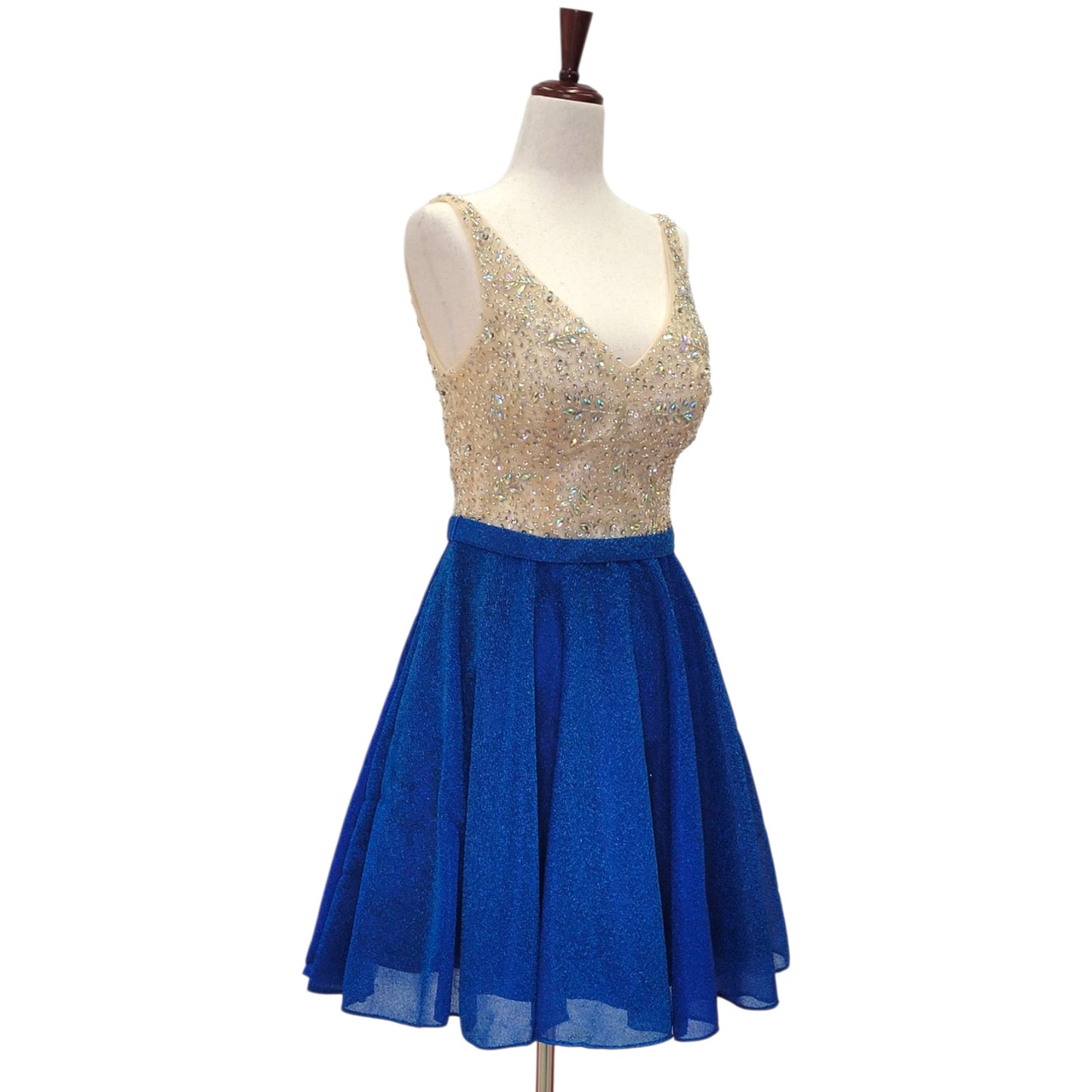 Blue and Gold Short Dress with Beautiful Detailed Gem Bodice