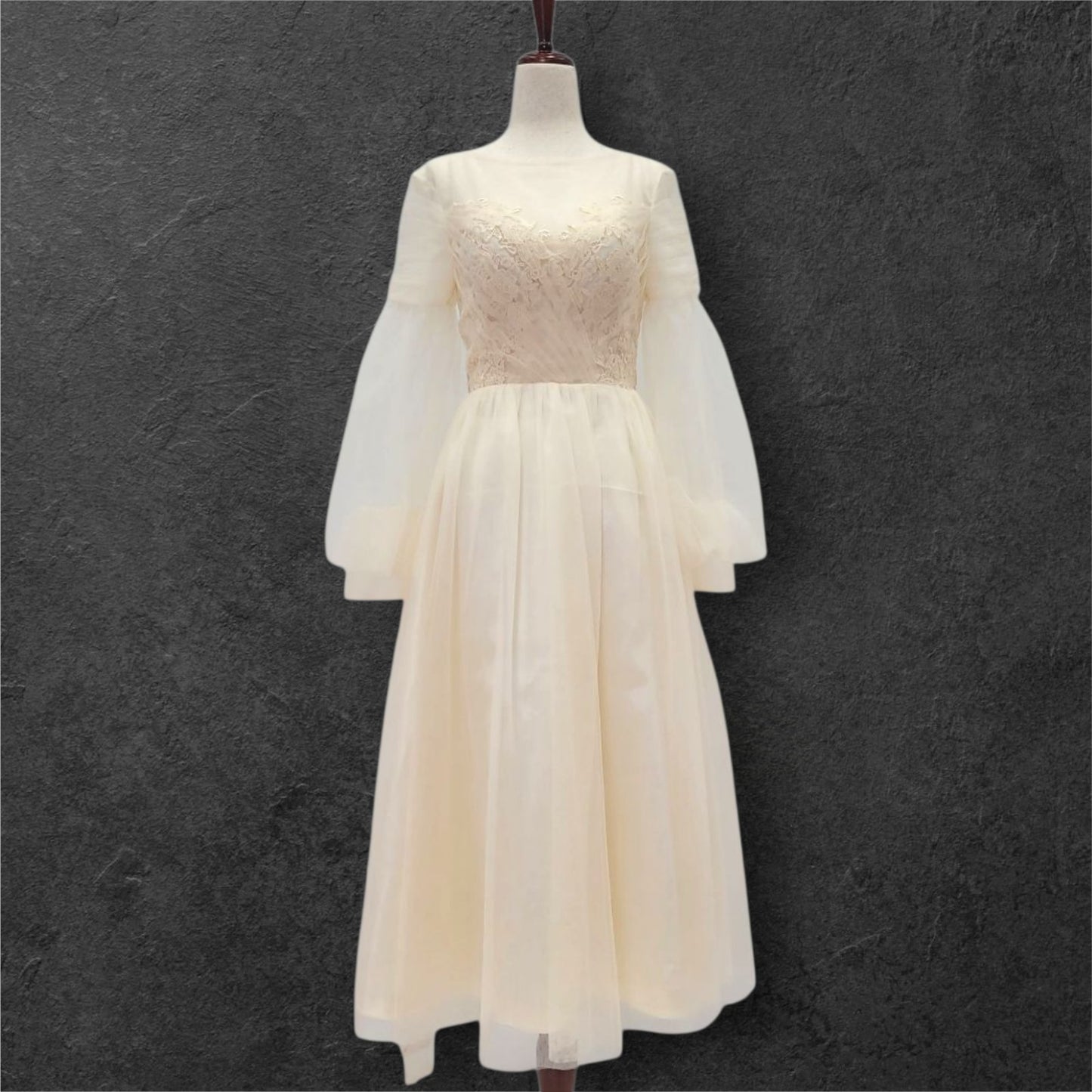 A Line Champagne Wedding Dress with Long Tulle Sleeves and Full Corset