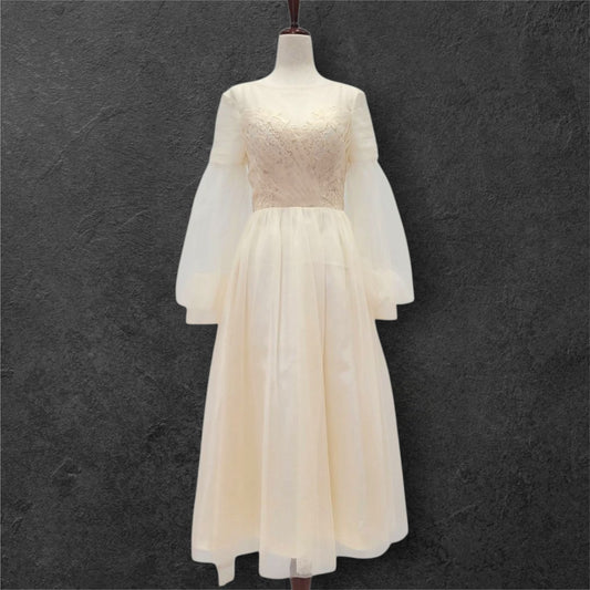 A Line Champagne Wedding Dress with Long Tulle Sleeves and Full Corset