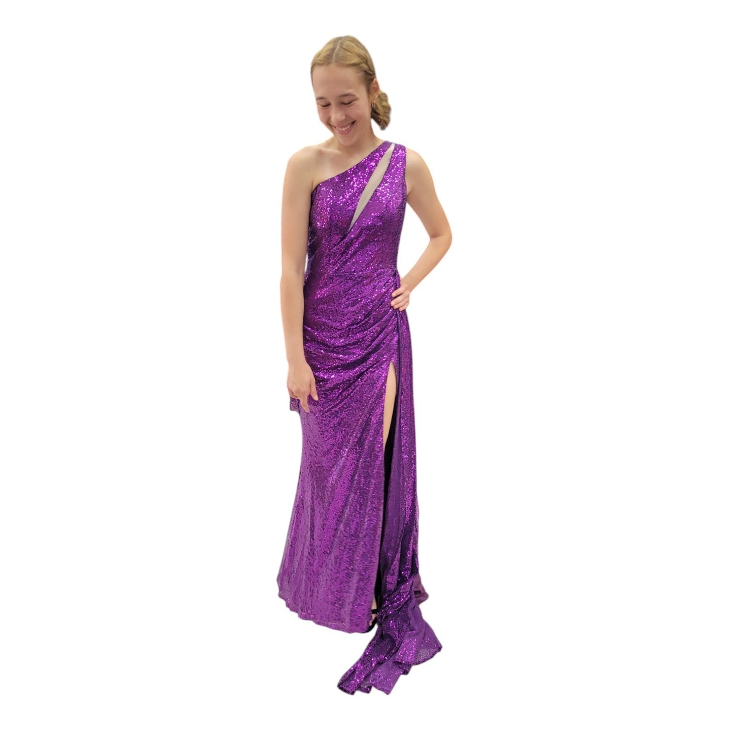 One Shoulder Sequin Gown with Side Train and Mesh cutout across bodice