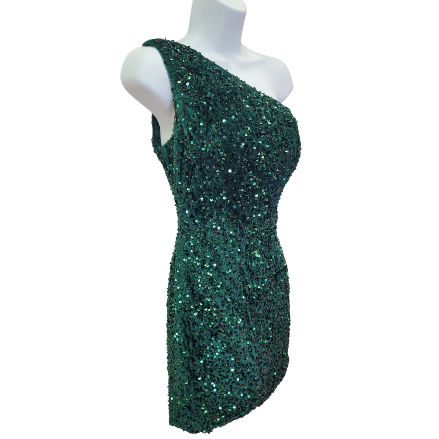 Women's Short One Shoulder Strappy Sequin Dress in Emerald Green