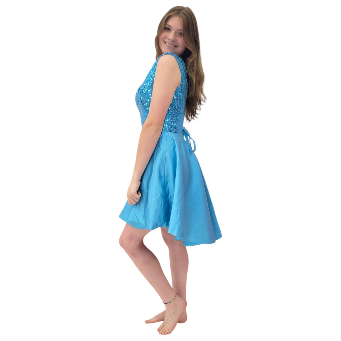 Short Satin Cocktail Dress with Sequin Bodice and Corset Back