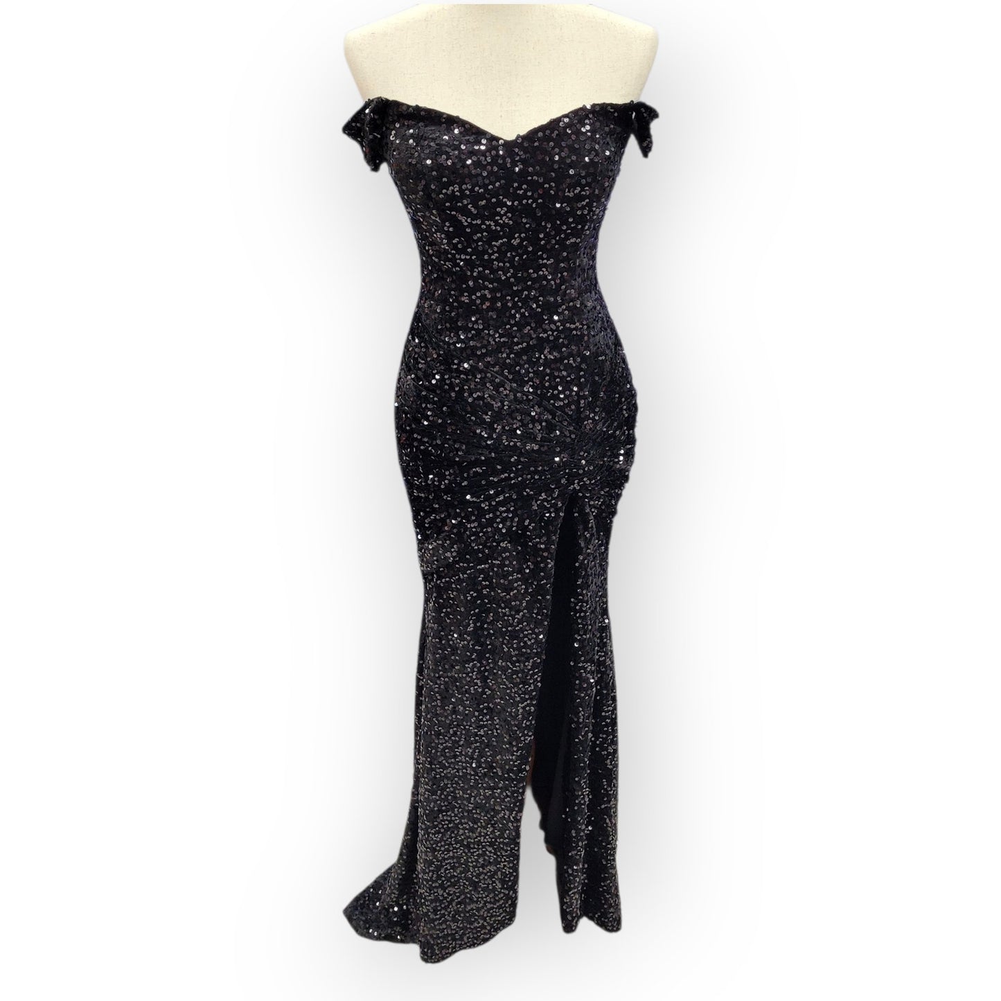 Sultry Off Shoulder Sequin Gown with Corset and Slit