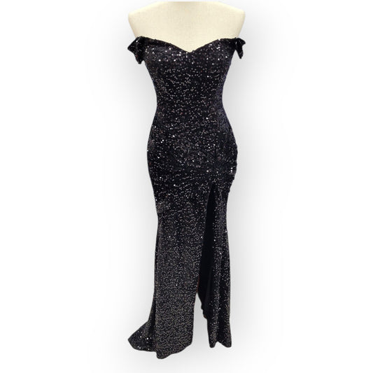 Sultry Off Shoulder Sequin Gown with Corset and Slit