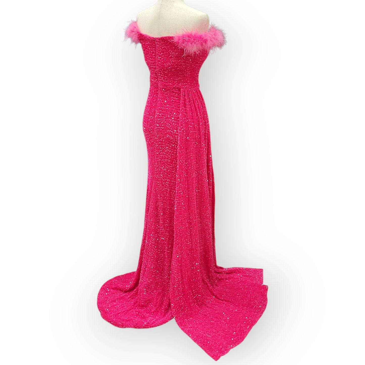 Hot Pink Evening Gown with Feathered Off-Shoulder Straps and Side Train