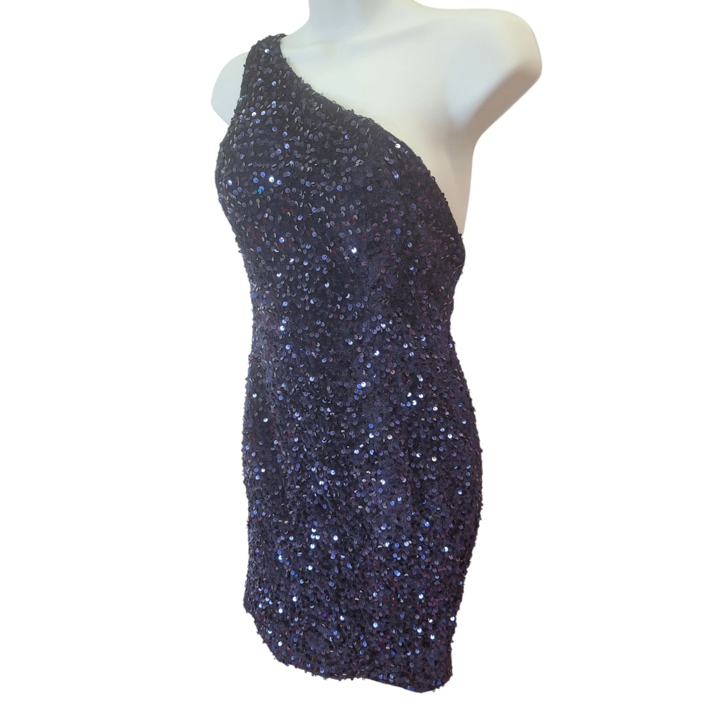 Women's Short One Shoulder Strappy Sequin Dress in Navy Blue