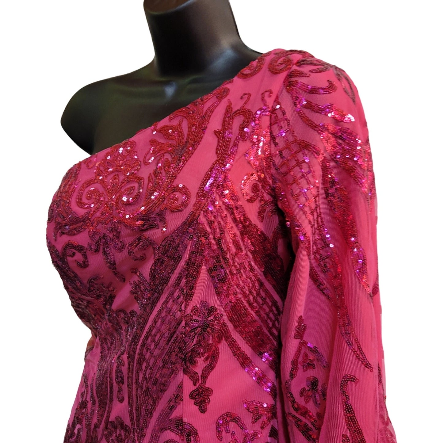 Women's Hot Pink Short Asymmetrical Formal Dress One Sleeve