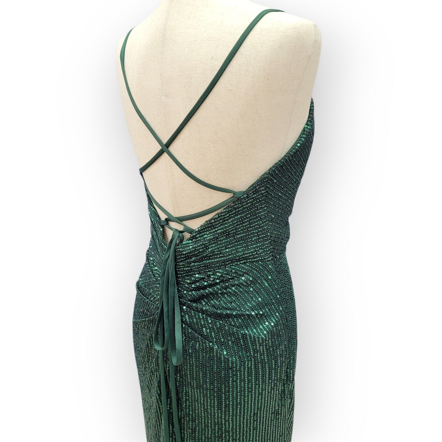 Strappy Evergreen Sequin Gown with Corset Back